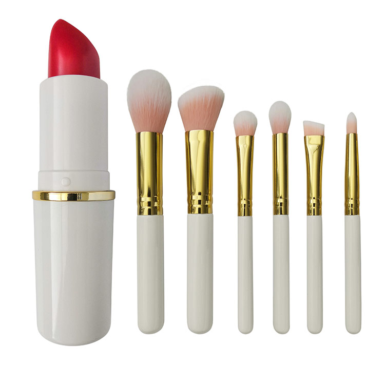 White handle 6pcs custom vegan make up brushes kit with lipstick travel box