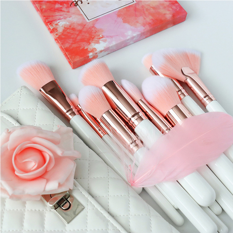 White wooden handle rose gold ferrule 15 pcs pink make up brushes sets with white bag