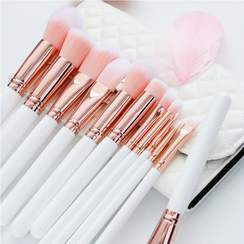 White wooden handle rose gold ferrule 15 pcs pink make up brushes sets with white bag