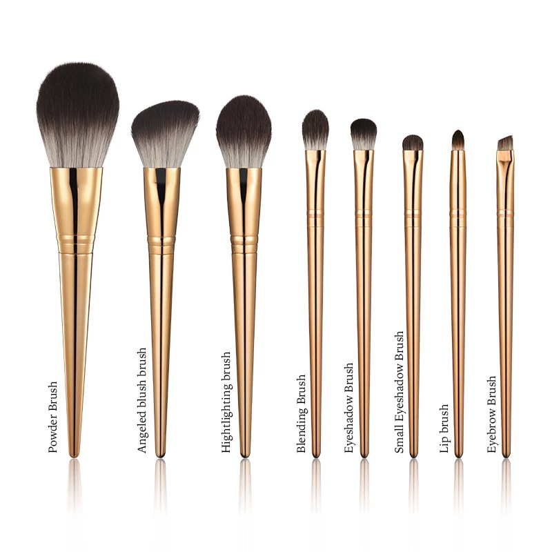 Synthetic vegan cruelty free makeup brushes set 8pcs gold plastic handle makeup brushes