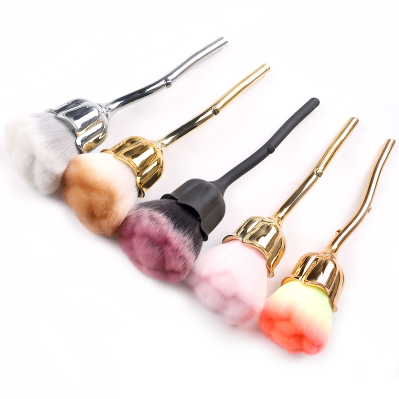 High Quality Private Label Rose Gold Handle Soft Nylon Hair Flower Shape Nail Art Tool Cleaning Dust Brush For Nail Art