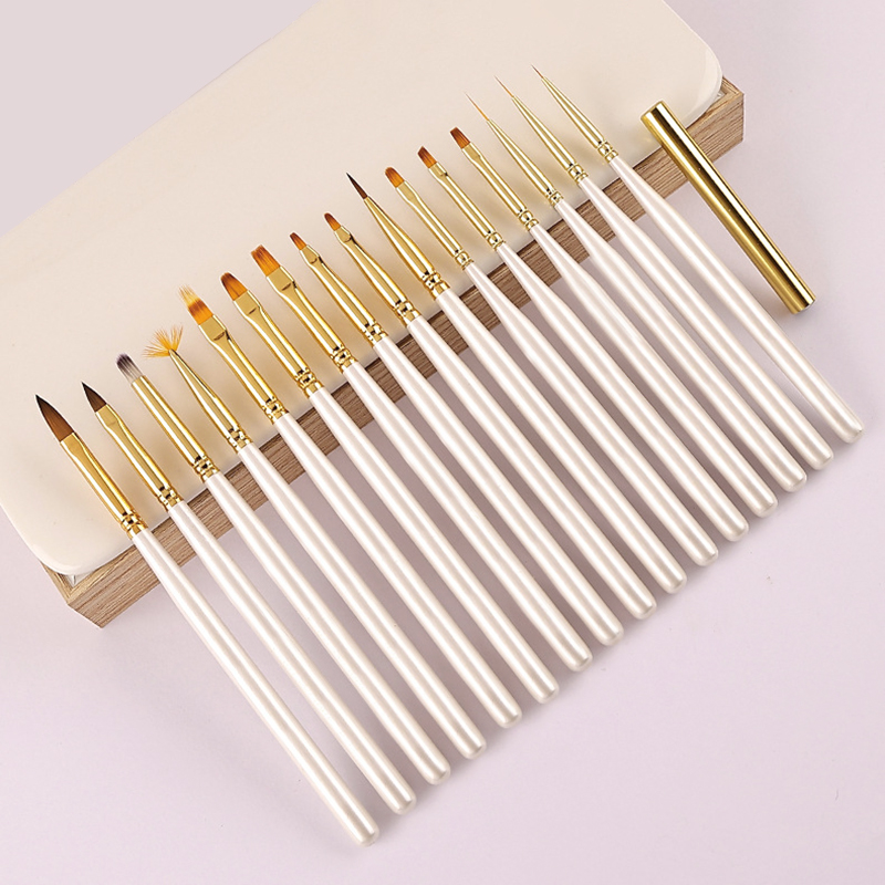 Hot sell elegant design wood handle gold ferrule soft nylon hair kolinsky Liner gel acrylic Nail art brush Set