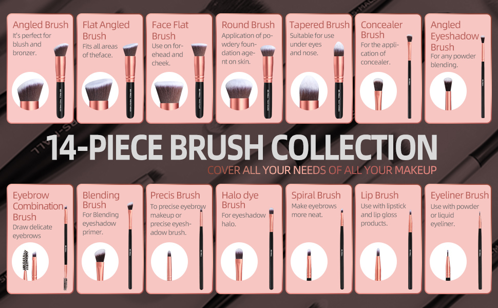 Amazon Best Seller BS-MALL Rose Gold Synthetic Makeup Brushes 14pcs Makeup Brush Set